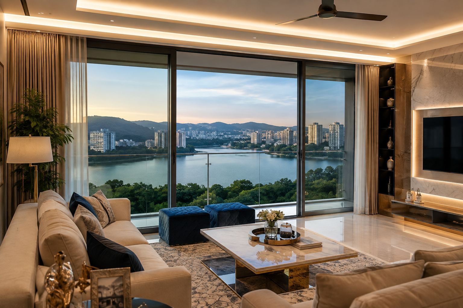 Hines Powai virtual 360 view of lake-facing luxury apartments in Powai