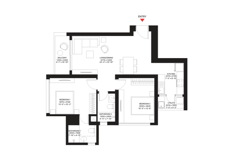 SOBHA Inizio Parel 2 BHK Floor Plan and Layout